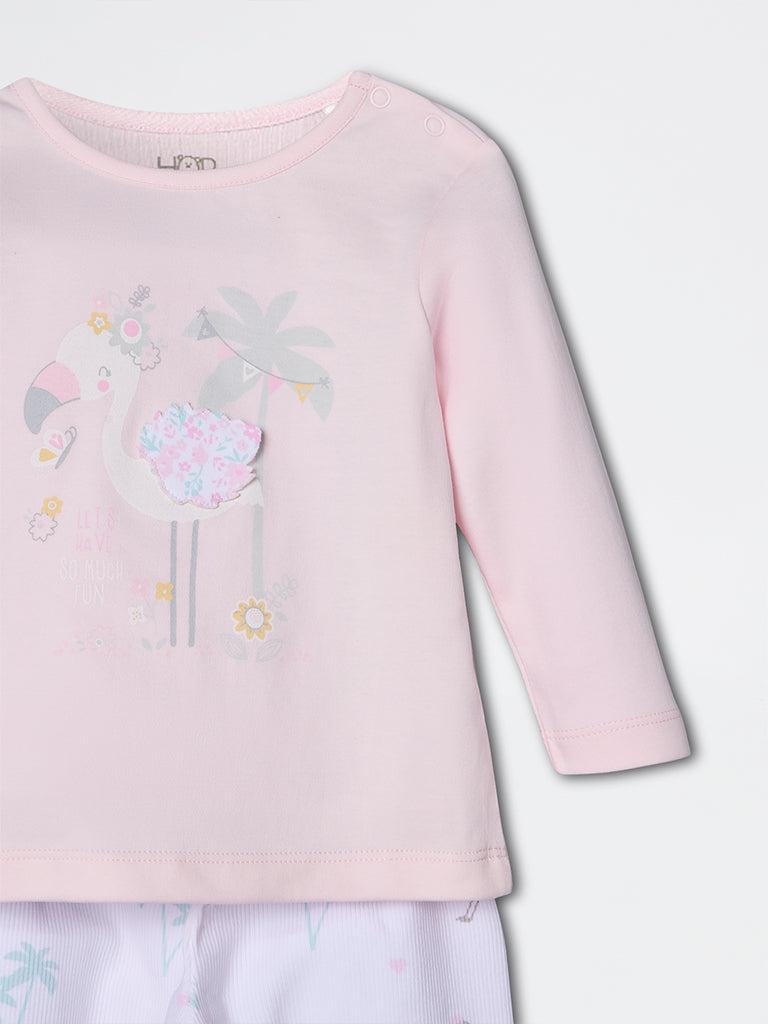 HOP Baby Girls Pink Bird Pattern Cotton T-Shirt and Pants Set - Exclusive