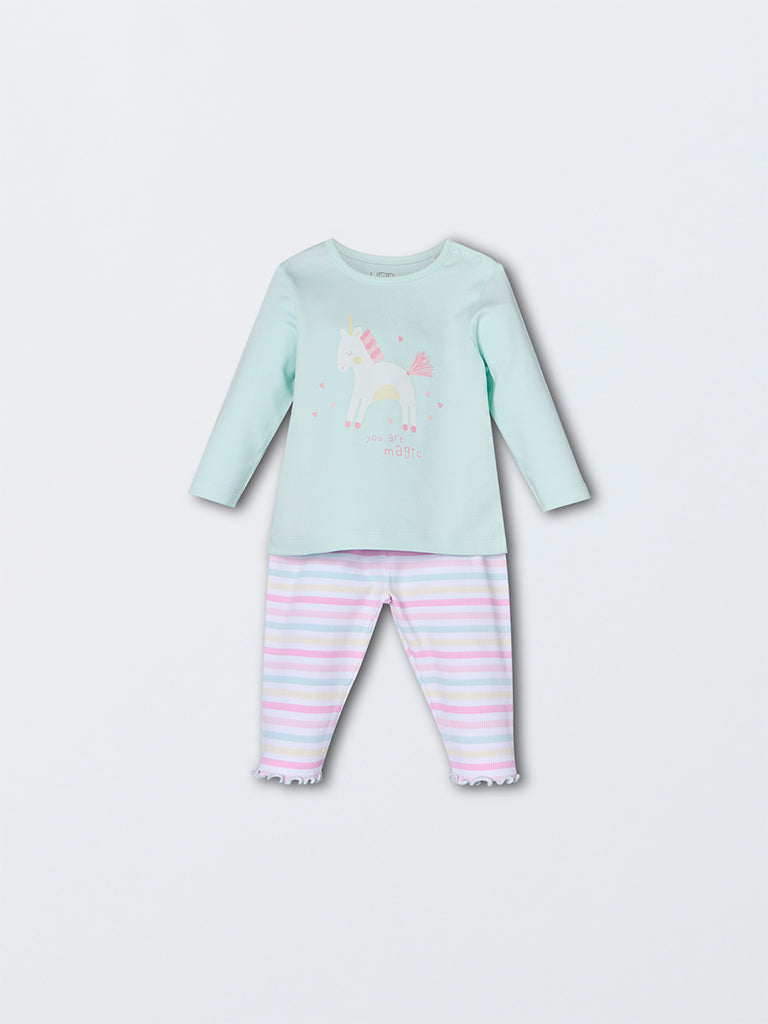 HOP Baby Girls Mint Unicorn Printed Cotton Co-ord Set - Exclusive