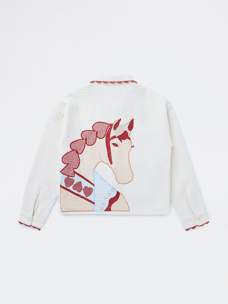 HOP Kids Girls Cream Textured Embroidered Cotton Shirt