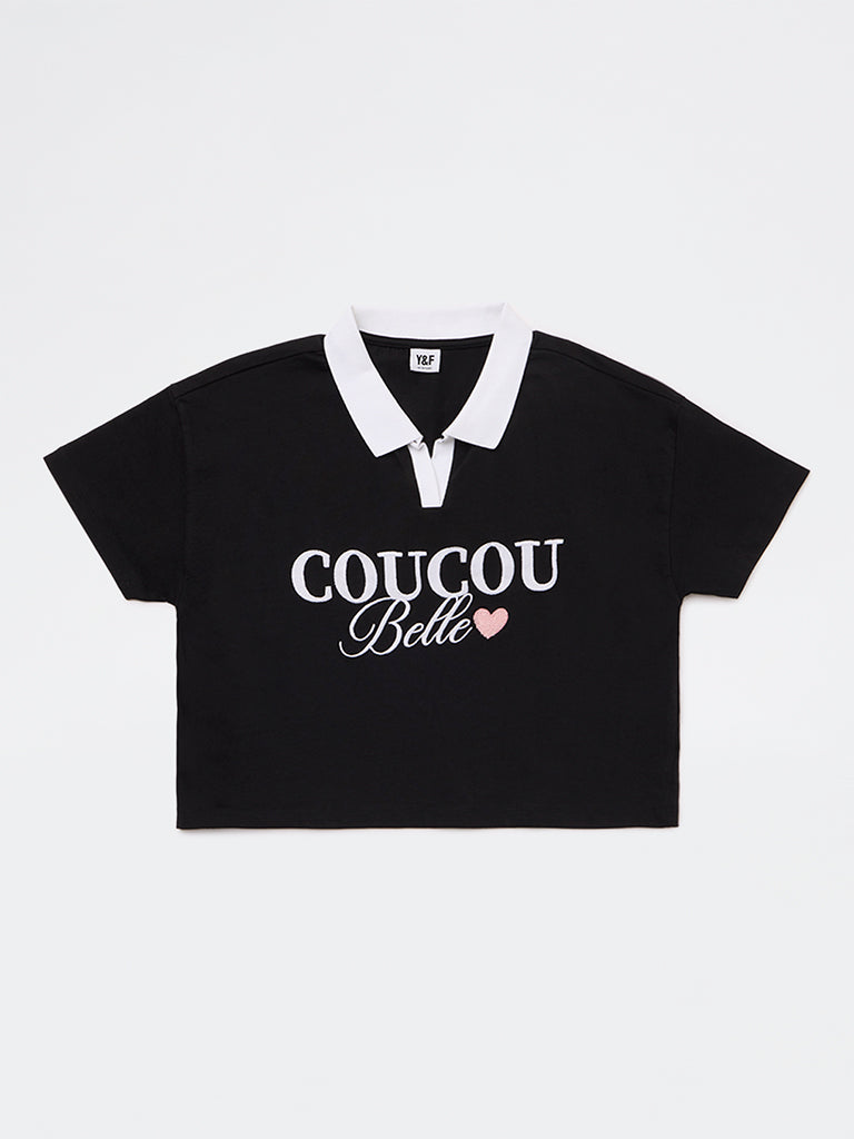 Girls Black Embroidered Cotton T-Shirt