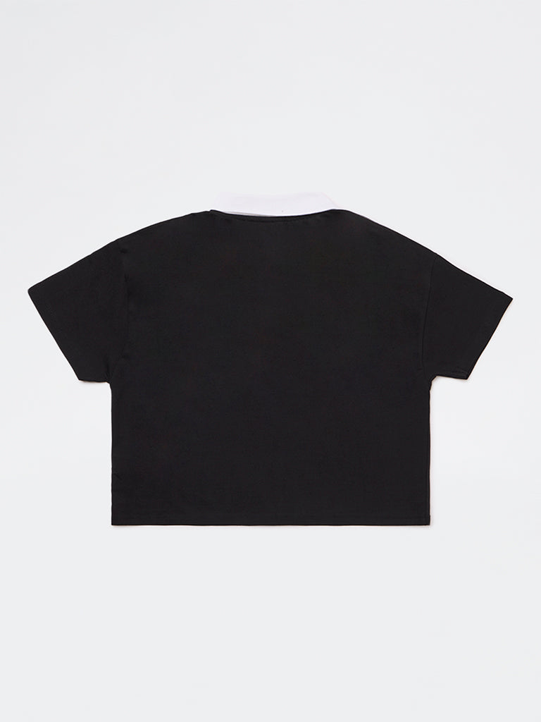 Girls Black Embroidered Cotton T-Shirt