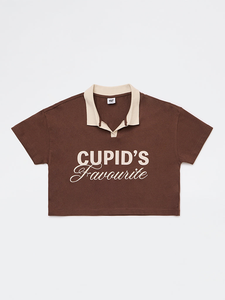 Girls Brown Embroidered Cotton T-Shirt