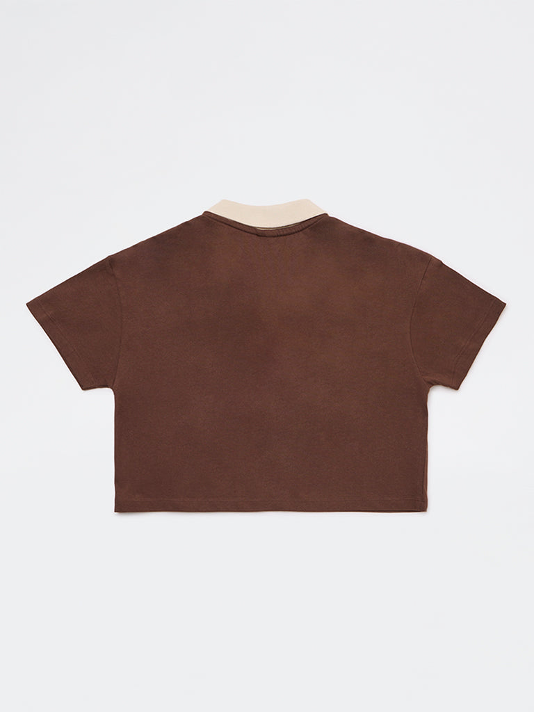 Girls Brown Embroidered Cotton T-Shirt