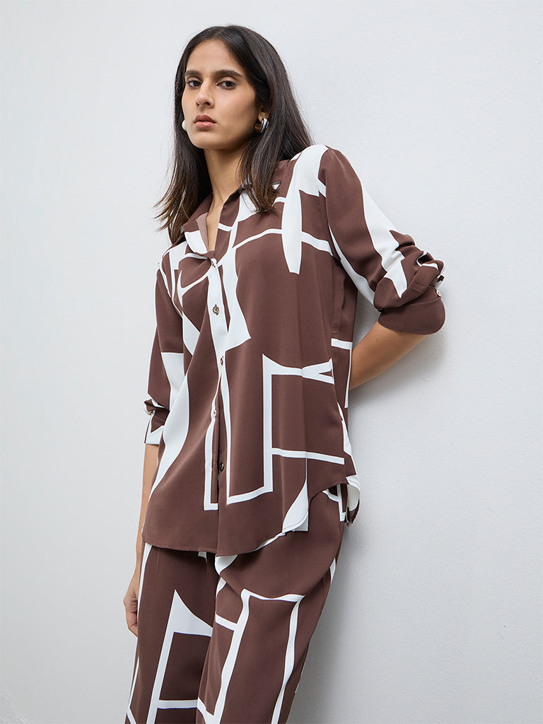 Wardrobe Brown Abstract Printed Shirt