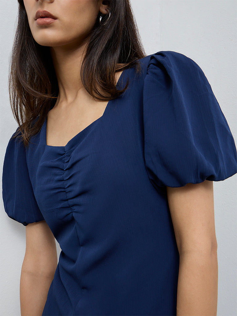 Wardrobe Dark Blue Crinkle-Textured A-Line Dress