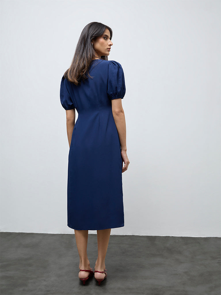 Wardrobe Dark Blue Crinkle-Textured A-Line Dress