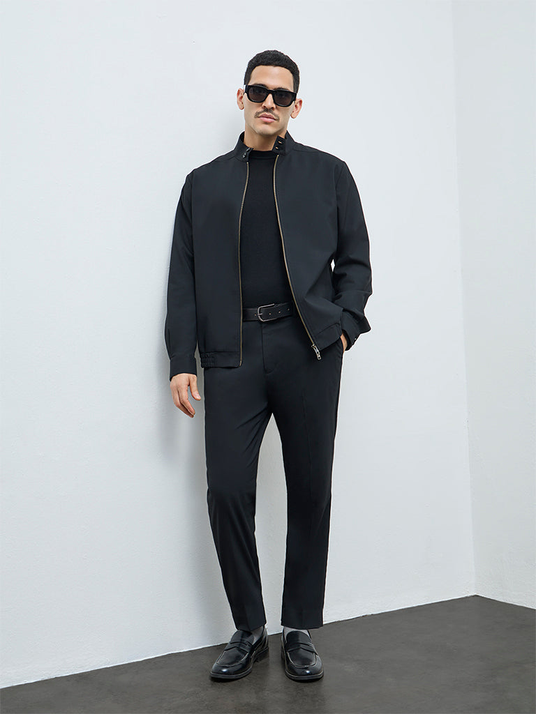 WES Formals Black Solid Slim-Fit Jacket