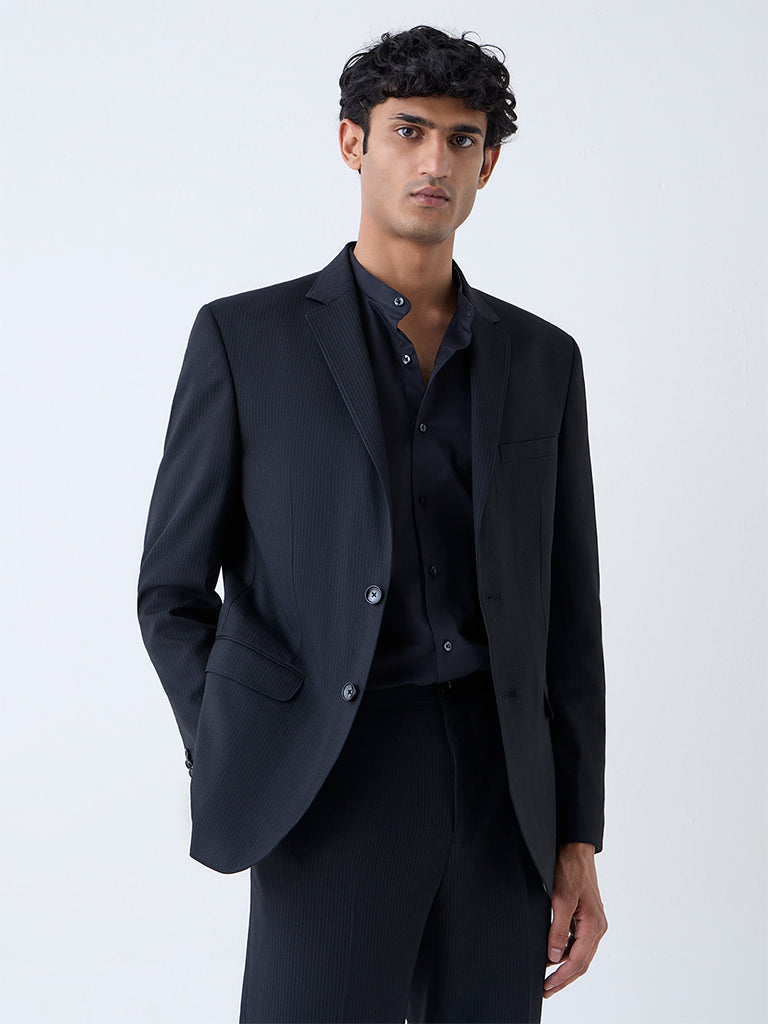 WES Formals Black Striped Slim-Fit Blazer