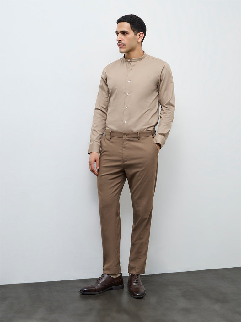 WES Formals Khaki Solid Slim-Fit Cotton-Blend Shirt