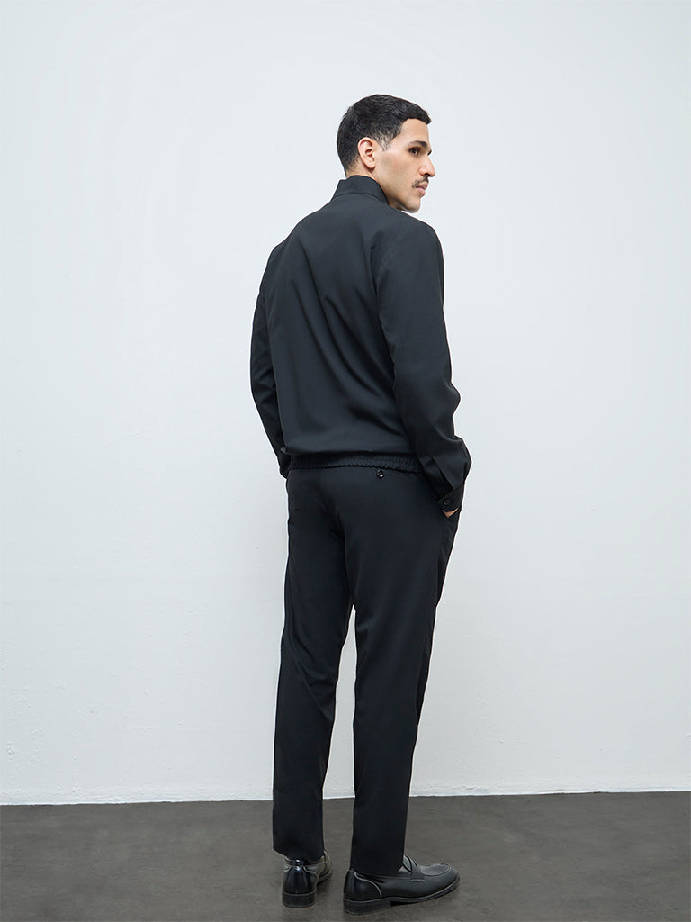 WES Formals Black Solid Slim-Fit Mid-Rise Trousers