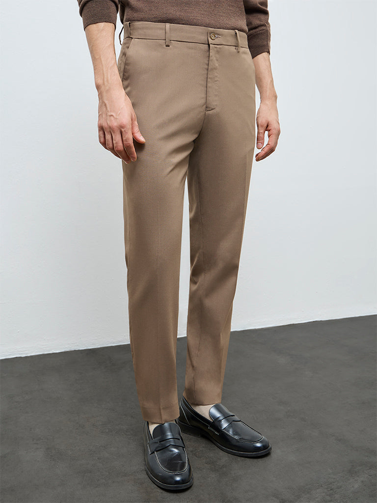 WES Formals Khaki Solid Slim-Fit Mid-Rise Trousers