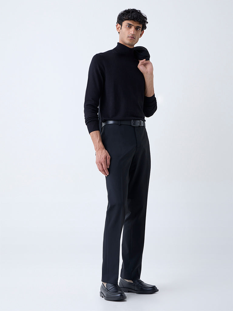 WES Formals Black Slim-Fit Mid-Rise Trousers