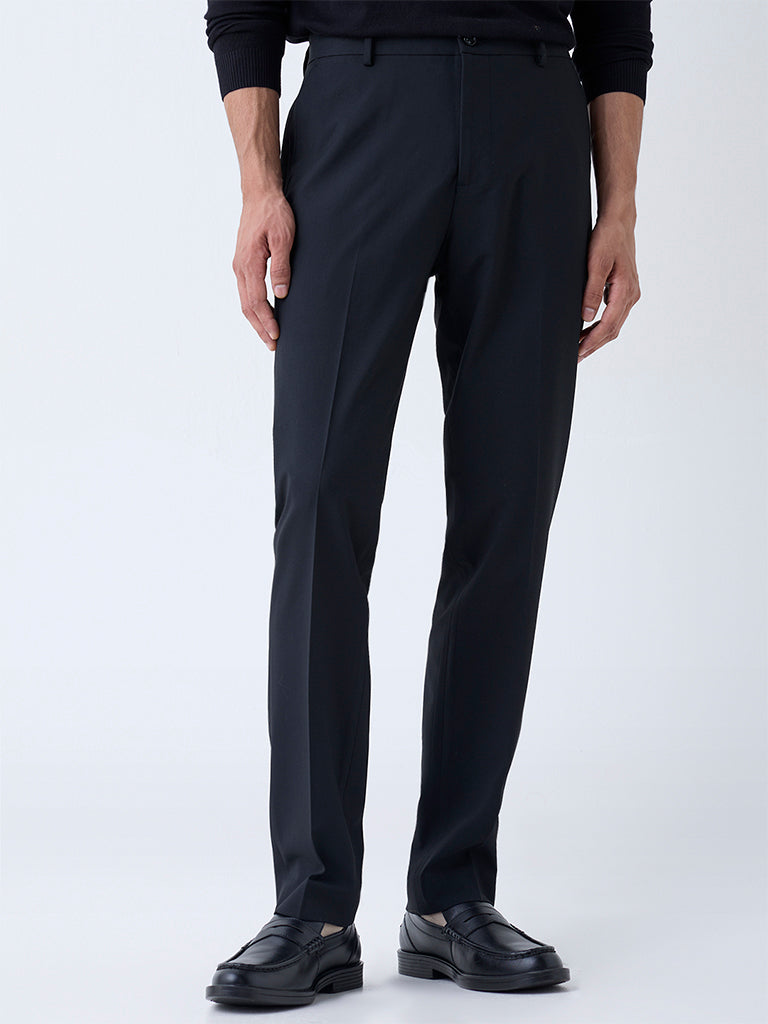 WES Formals Black Slim-Fit Mid-Rise Trousers