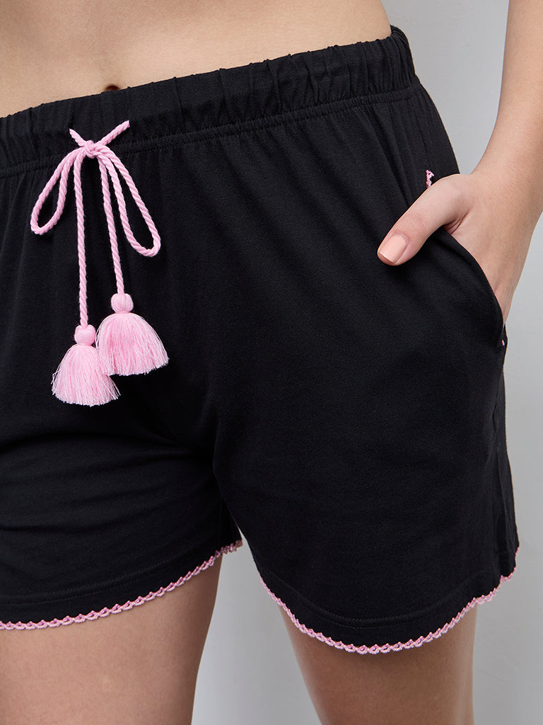 Wunderlove Black Tassel-Detail High-Rise Cotton Shorts