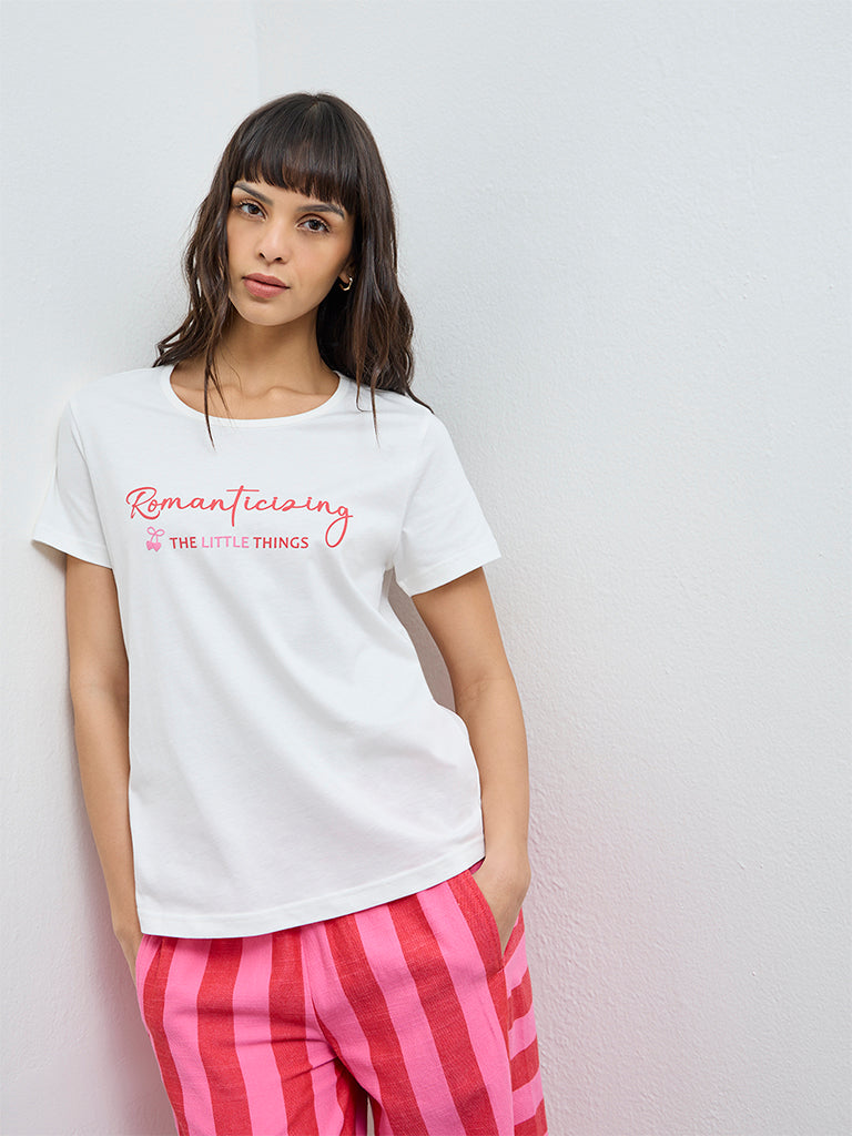 Wunderlove White Typographic Cotton T-Shirt