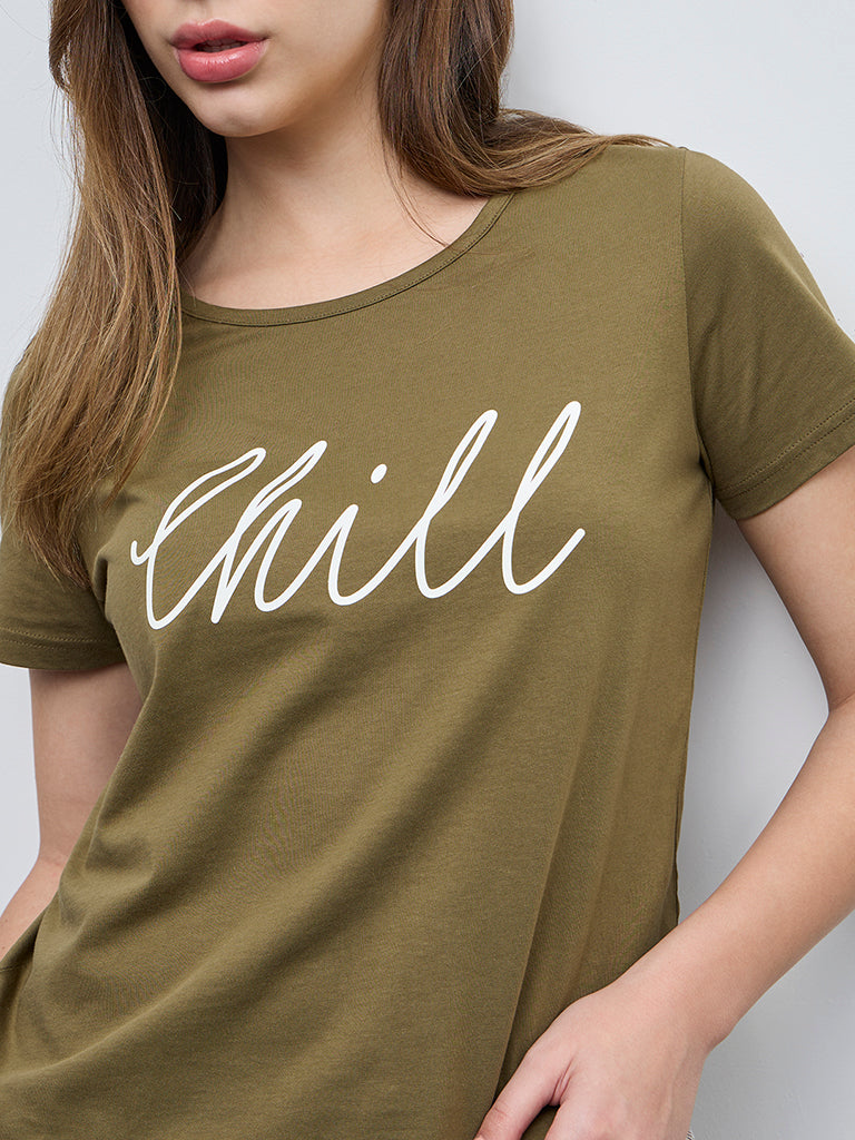 Wunderlove Olive Text Design Cotton T-Shirt