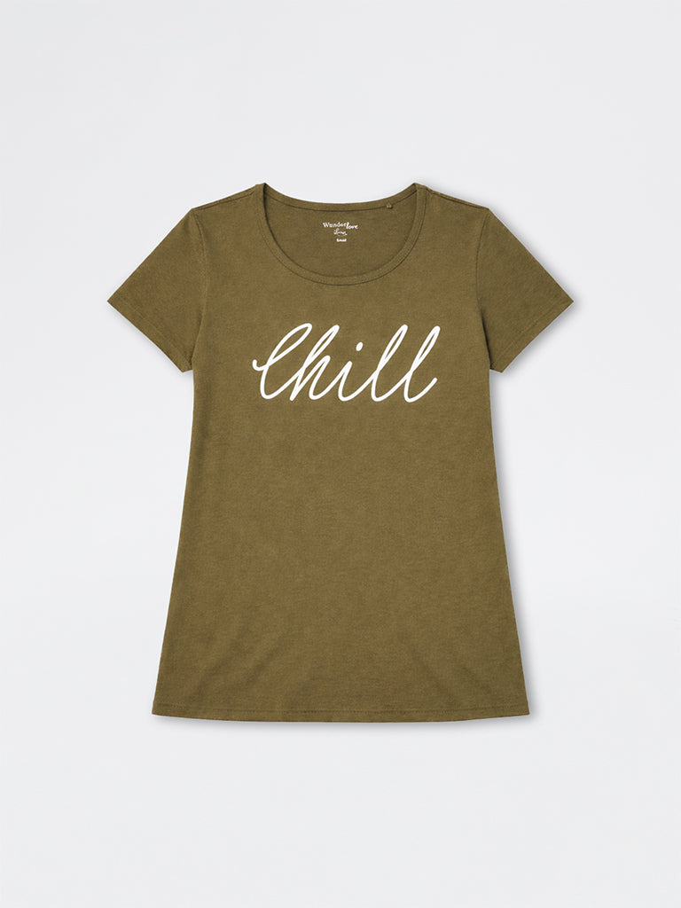 Wunderlove Olive Text Design Cotton T-Shirt