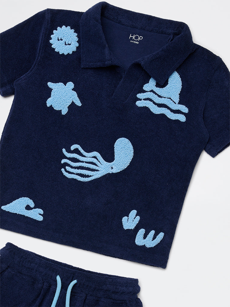 HOP Kids Boys Navy Sea-Life Embroidered Cotton T-Shirt and Shorts Set