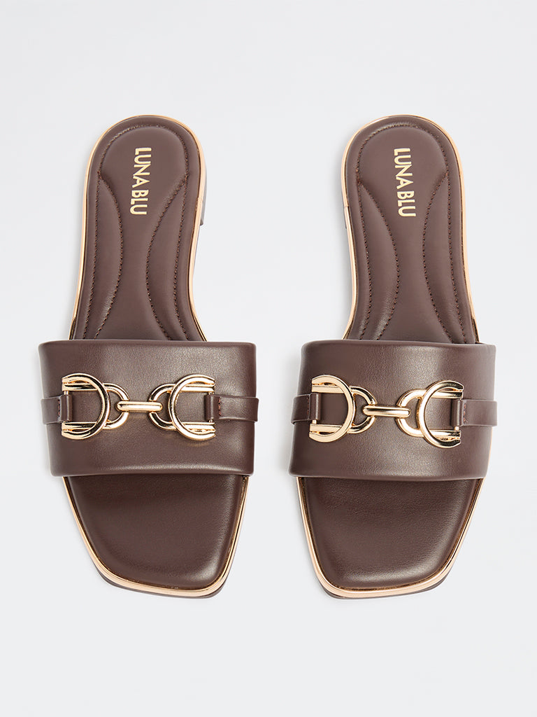 LUNA BLU Dark Brown Metallic Detailed Slides