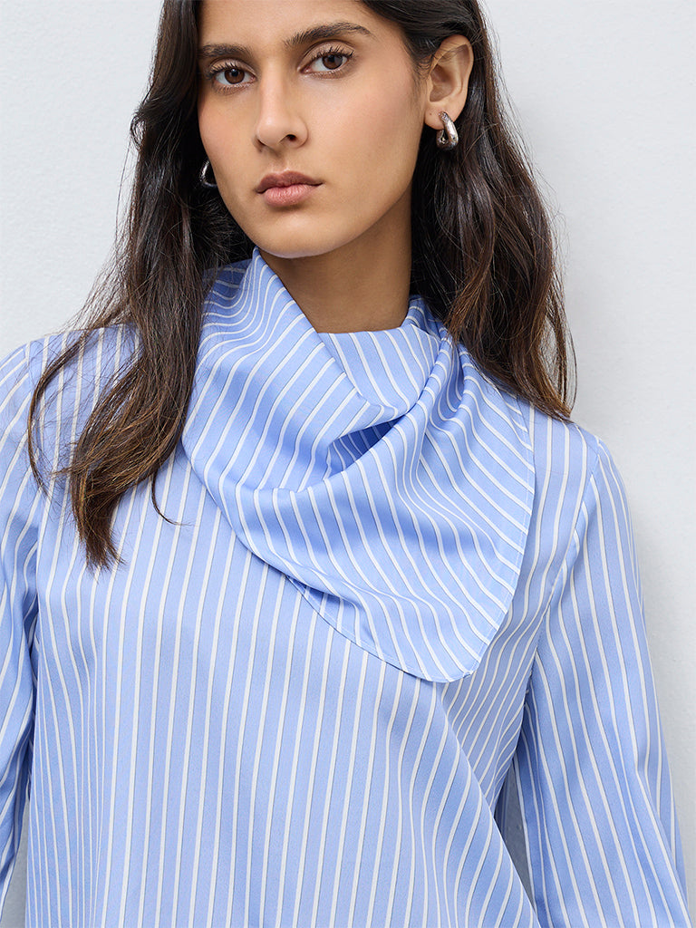 Wardrobe Light Blue Striped Blouse with Scarf