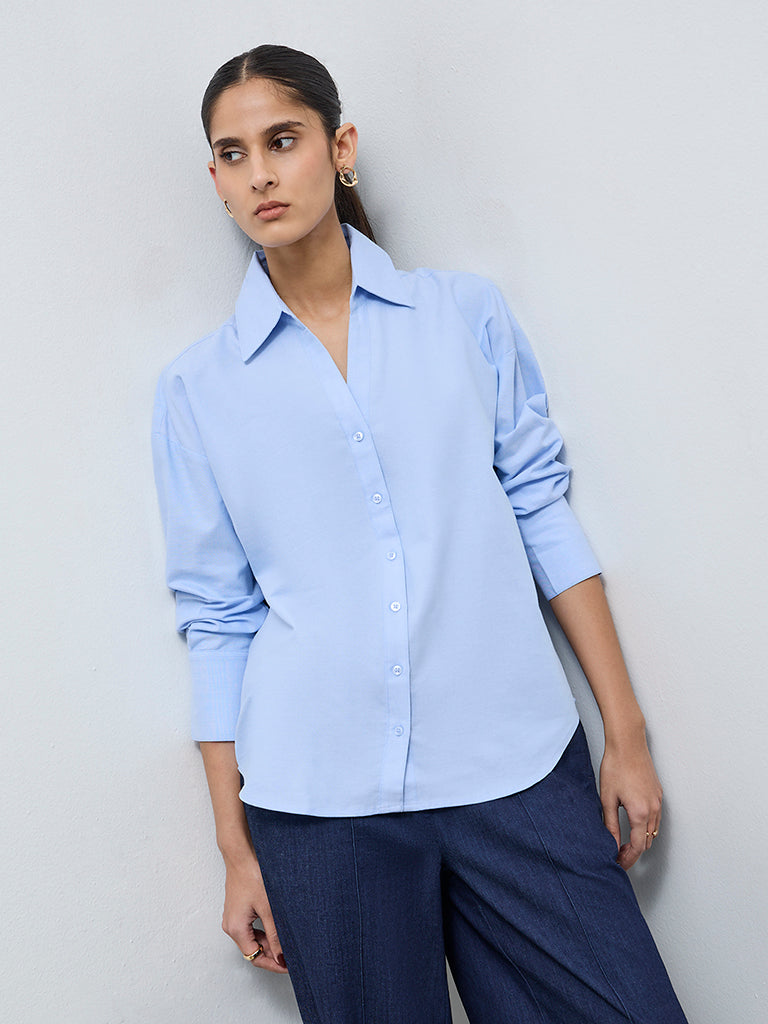 Wardrobe Light Blue High-Low Cotton Shirt