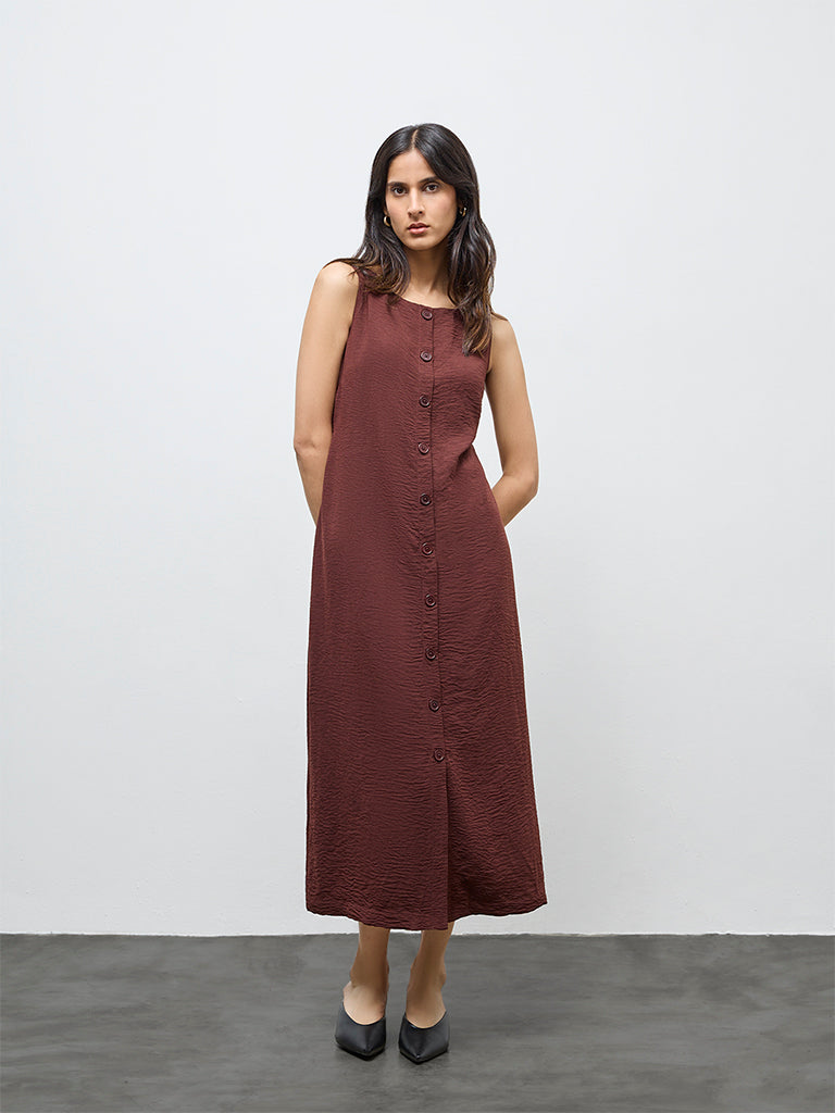 Wardrobe Brown Crinkle-Textured A-Line Dress