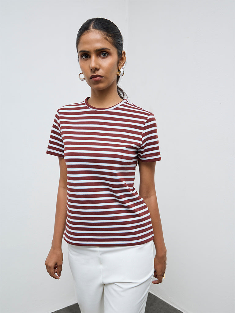 Wardrobe Brown Striped Cotton-Blend T-Shirt