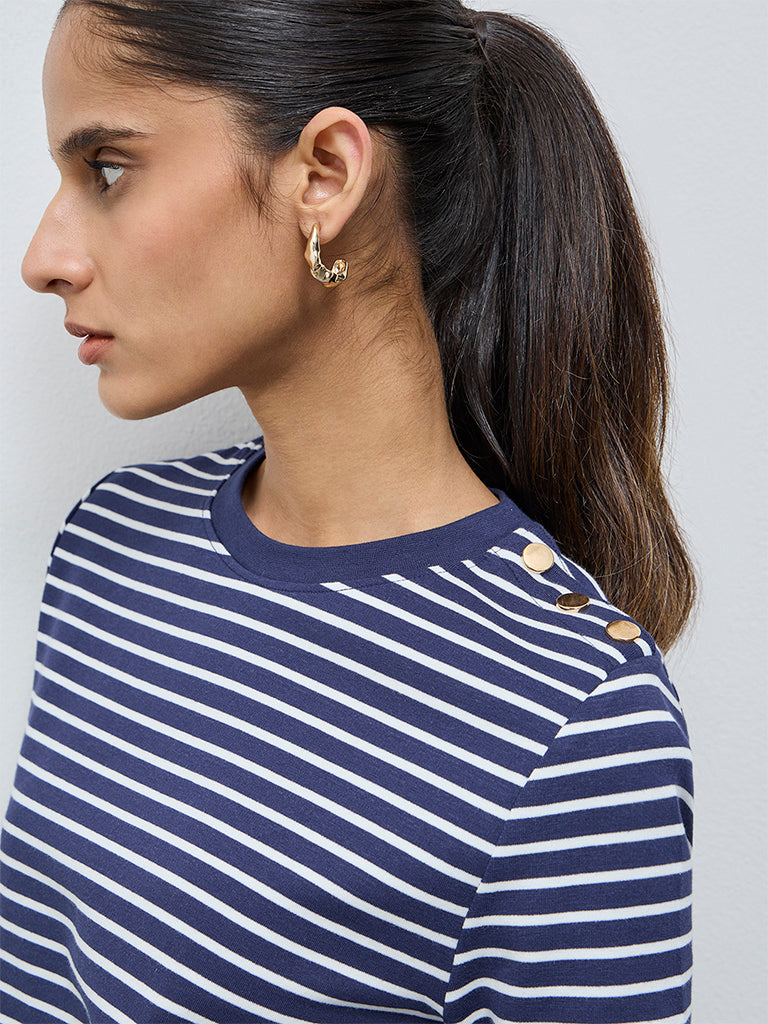 Wardrobe Navy Stripe Pattern Cotton-Blend T-Shirt