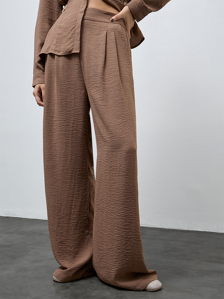 Wardrobe Brown Crinkle-Textured High-Rise Trousers