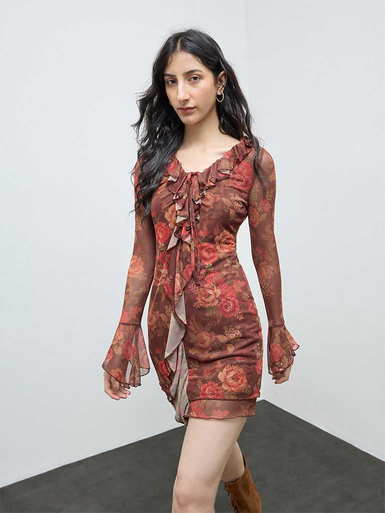Nuon Brown Floral Detailed Bodycon Mesh Dress