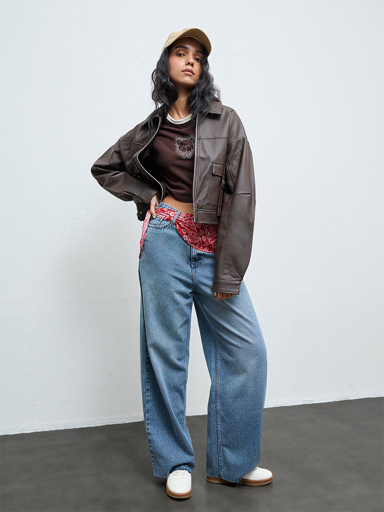 Nuon Dark Brown Faux-Leather Jacket