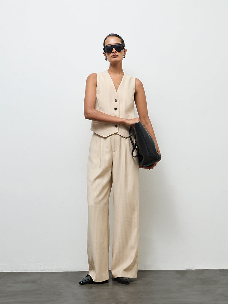 Wardrobe Light Beige Striped High-Rise Trousers