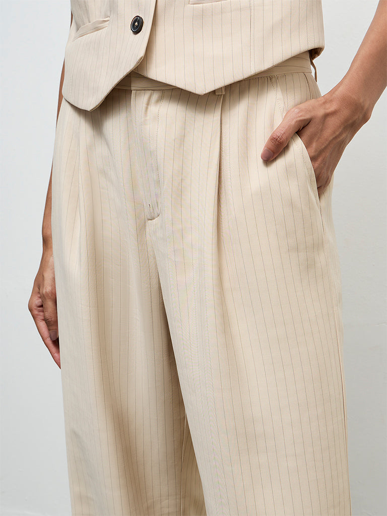 Wardrobe Light Beige Striped High-Rise Trousers
