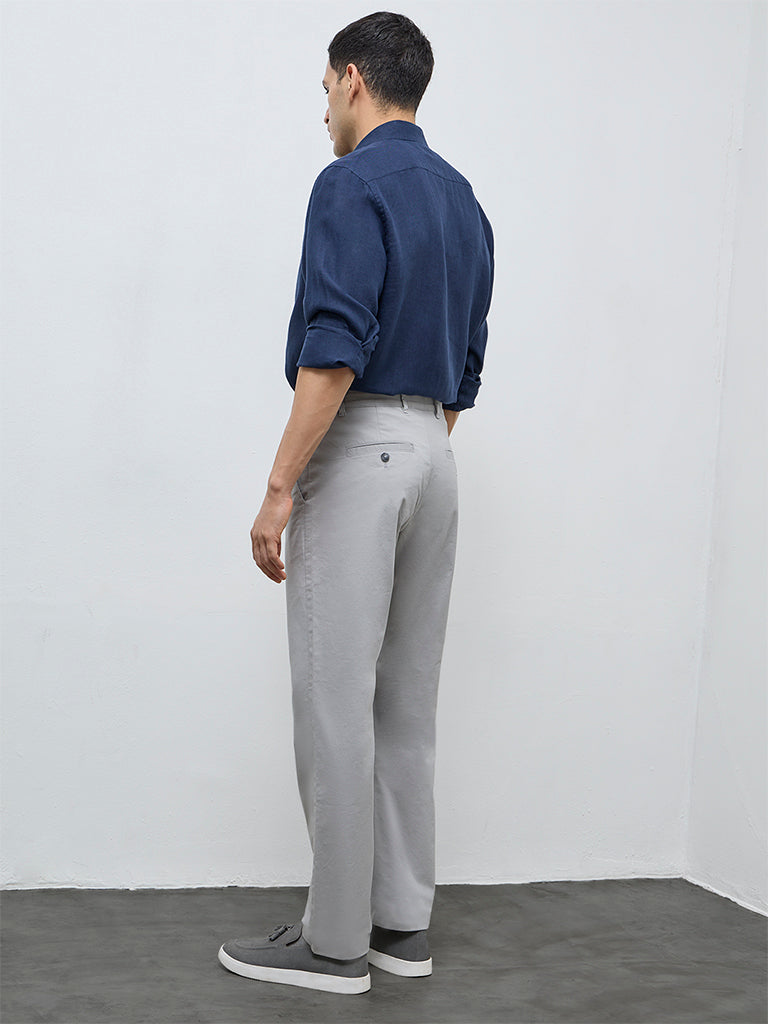 Ascot Grey Solid Relaxed-Fit Mid-Rise Cotton-Blend Trousers