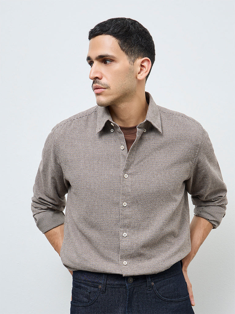 Ascot Taupe Houndstooth Relaxed-Fit Cotton Shirt