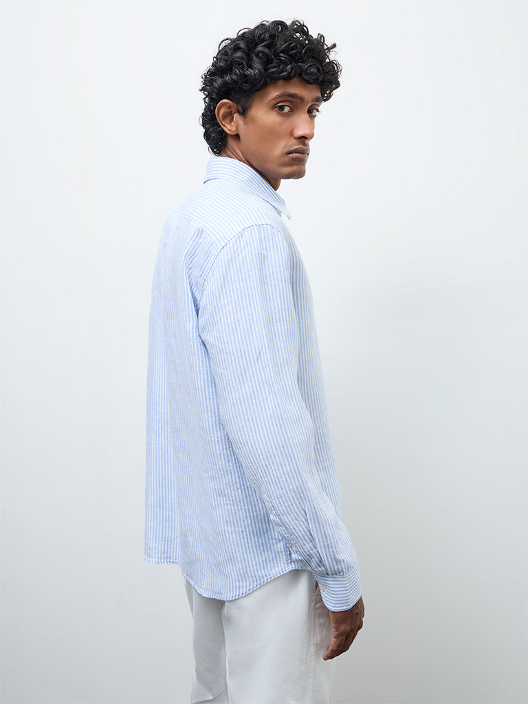 Ascot Light Blue Striped Relaxed-Fit Linen Shirt