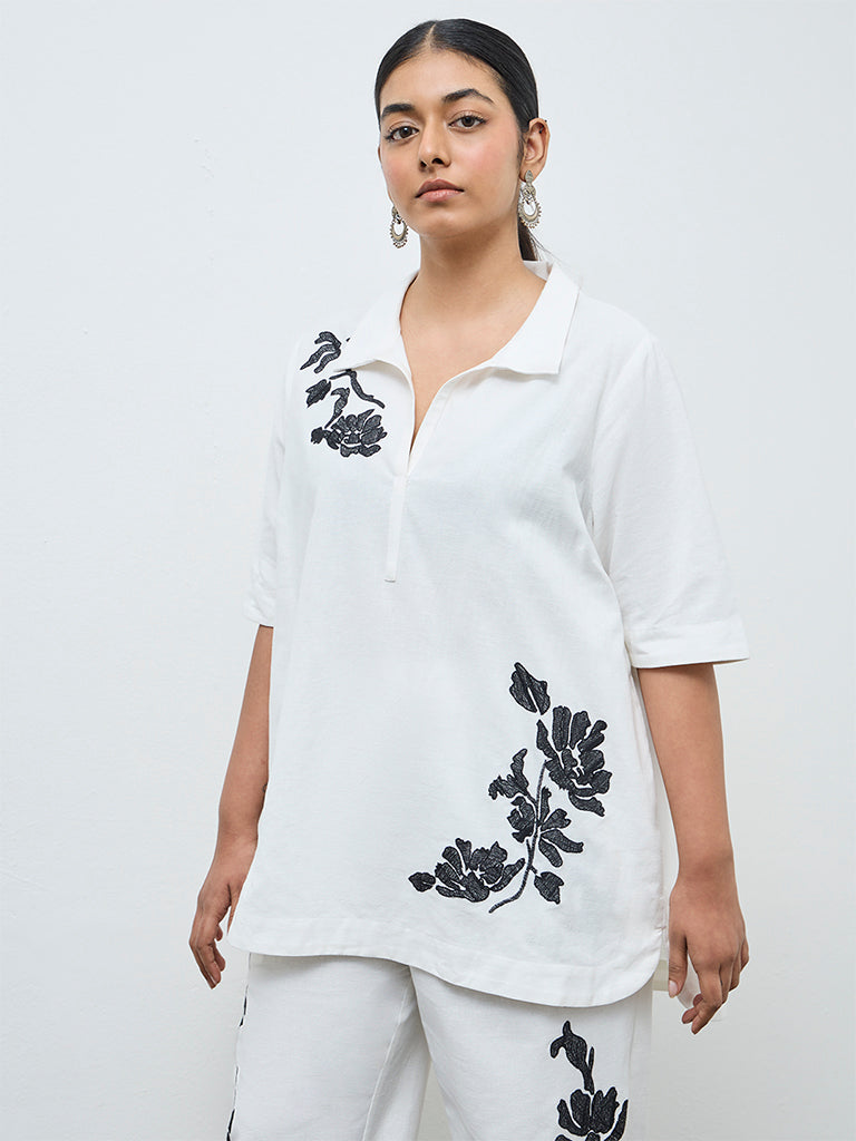 Diza Off-White Floral Embroidered Cotton-Blend Tunic