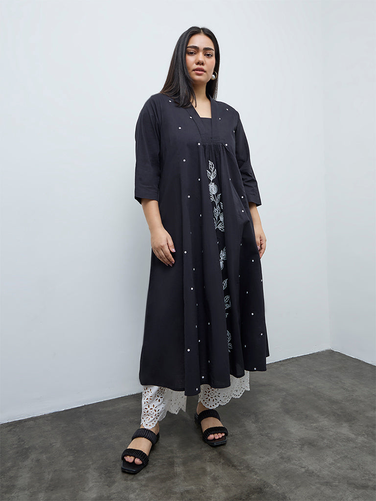 Diza Black Floral Embroidered Cotton A-Line Kurta