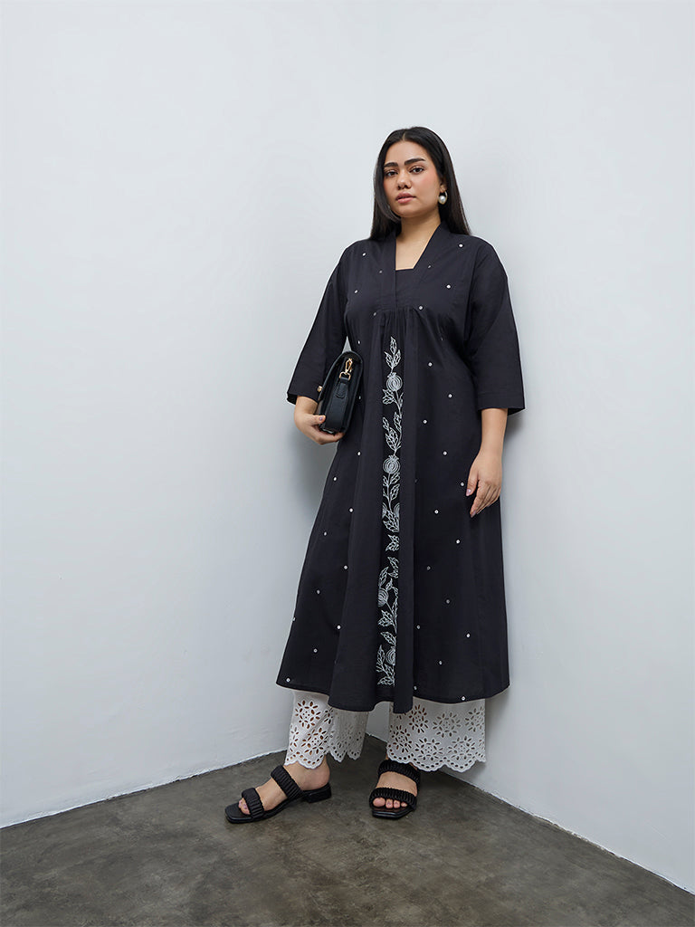 Diza Black Floral Embroidered Cotton A-Line Kurta