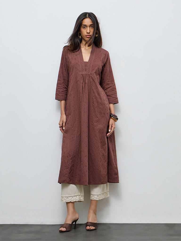 Utsa Dark Brown Floral Embroidered Cotton A-Line Kurta