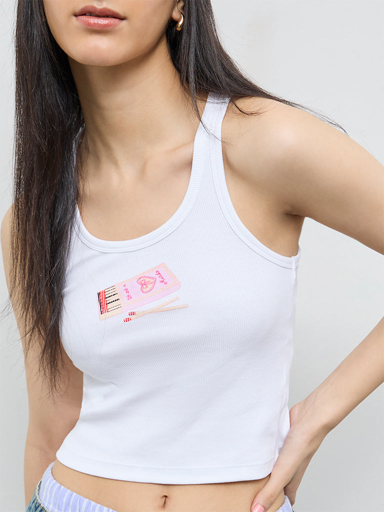 Nuon White Printed Cotton-Blend Tank Top