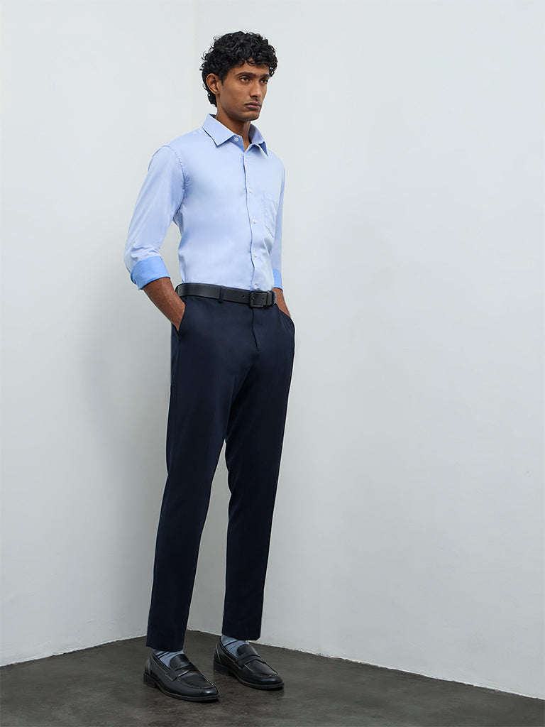 WES Formals Navy Slim-Fit Mid-Rise Trousers