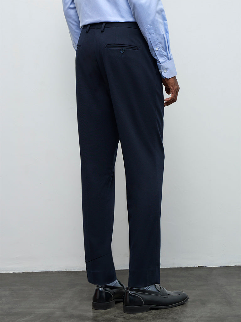 WES Formals Navy Slim-Fit Mid-Rise Trousers