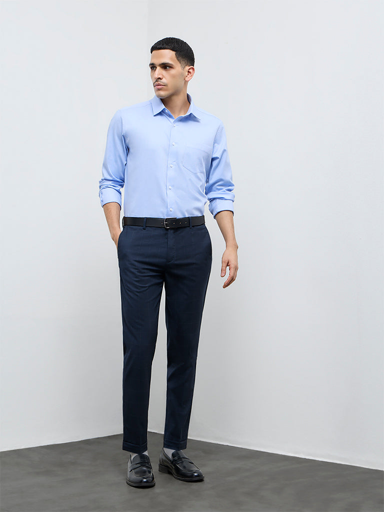 WES Formals Navy Check Mid-Rise Slim-Fit Trousers