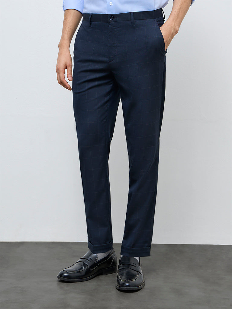 WES Formals Navy Check Mid-Rise Slim-Fit Trousers