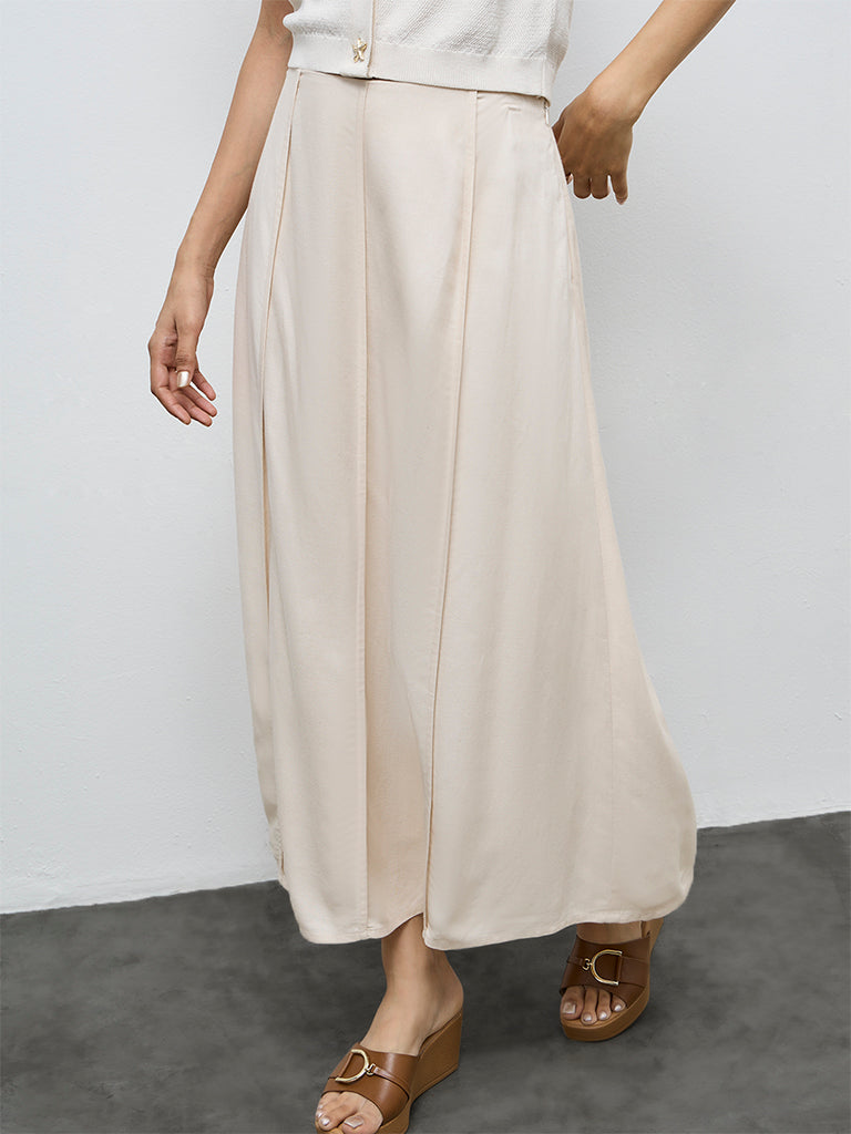 LOV Off-White Solid Linen-Blend Fit-and-Flare Skirt
