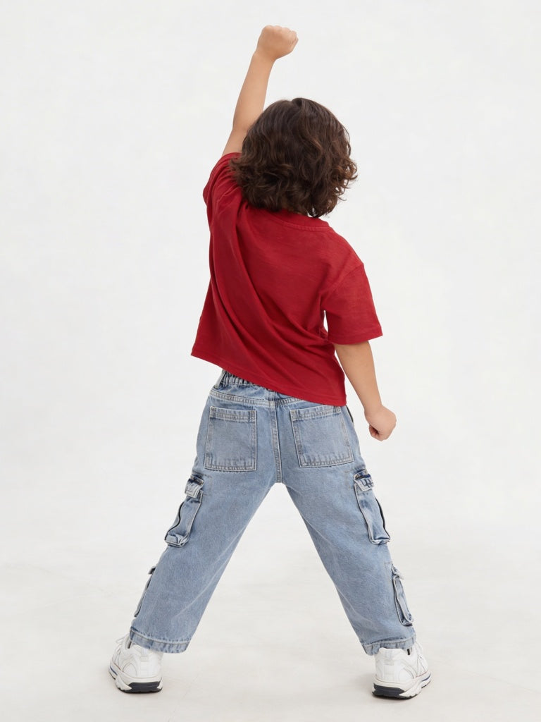 HOP Kids Boys Blue Washed Relaxed-Fit Mid-Rise Cargo Jeans