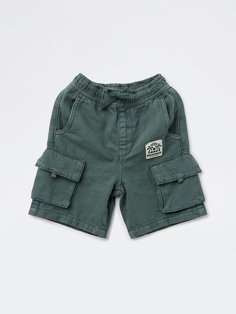 HOP Kids Boys Olive Mid-Rise Cotton Cargo Shorts