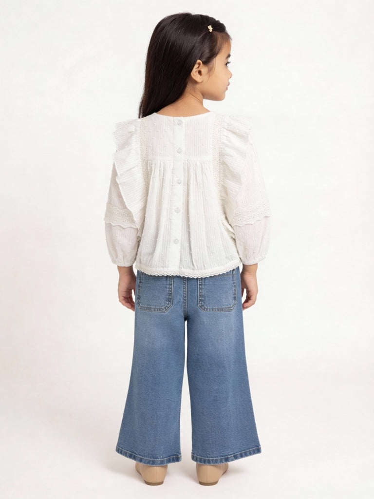 HOP Kids Girls White Floral Embroidered Cotton Top