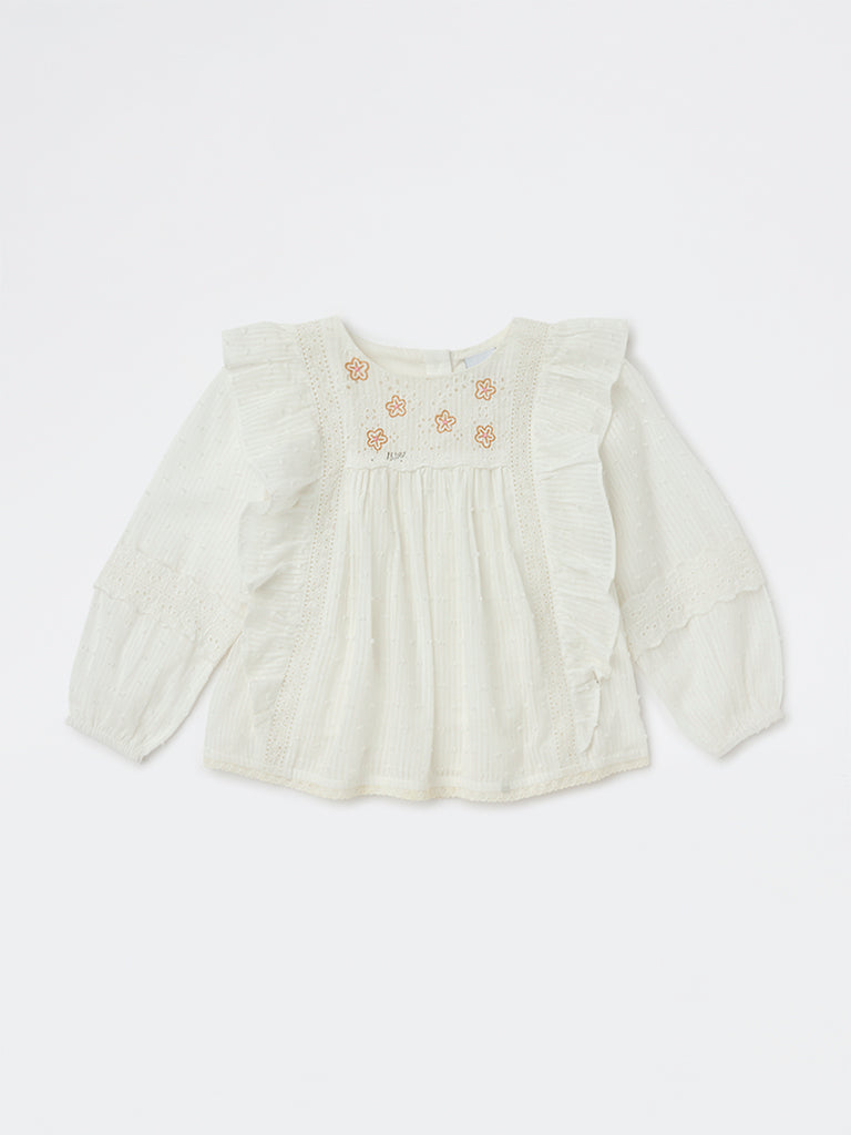 HOP Kids Girls White Floral Embroidered Cotton Top